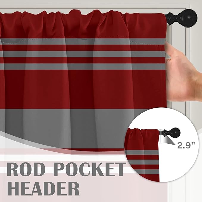 Emvency 2 Pack Valances Window Treatments, Red Grey White Striped Blackout Adjustable for Living Room Bathroom Bedroom Kitchen Over Sink, 52x18 Inch Rod Pocket Valances