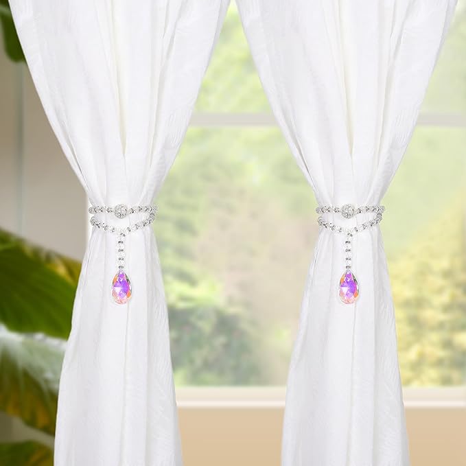 SUQ I OME 2 Pack of Luxury Crystal Beaded Magnetic Curtain Tieback and Holdback Curtain Clips Curtain Buckle Curtain Holder Blingbling Curtain Holdbacks for Drapes