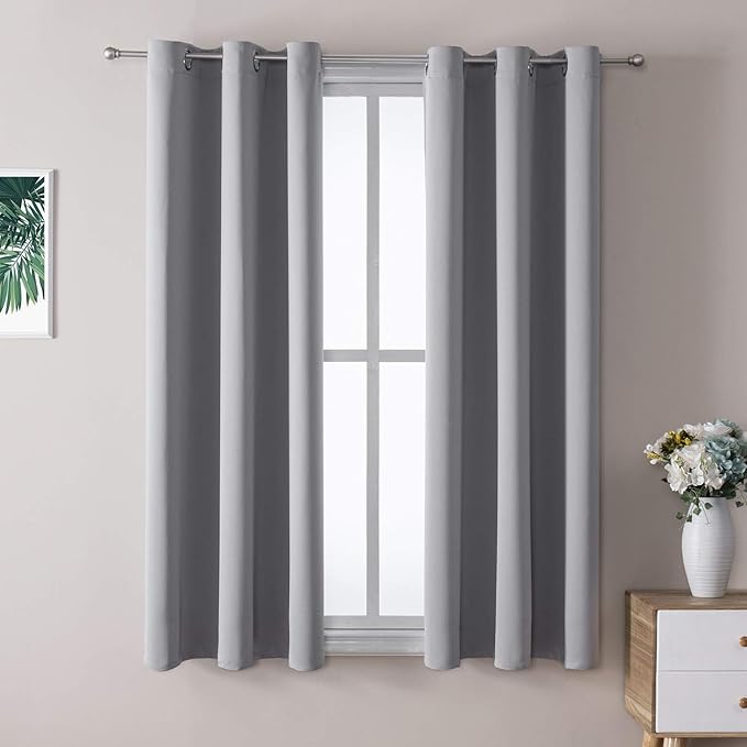 ChrisDowa Small Window Curtains 50 inches Long for Bedroom - Grommet Short Thermal Insulated Room Darkening Curtains for Kitchen (2 Panels, Light Grey, 29 x 50 Inch)
