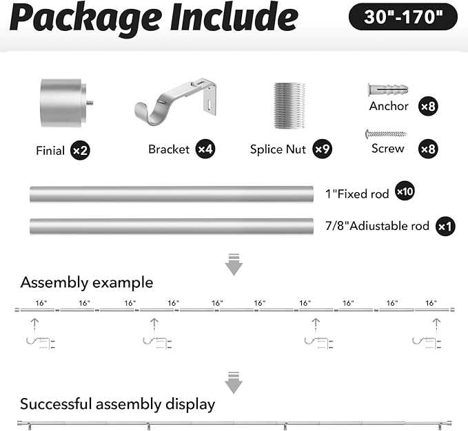 GEEBOBO Silver Curtain Rods for Windows 120 to 170 Inch, 1 Inch Extra Long Heavy Duty Easy Install Adjustable Curtain Rods Set for Outdoor, Farmhouse, Bedroom, Living Room (Silver, 30"-170")