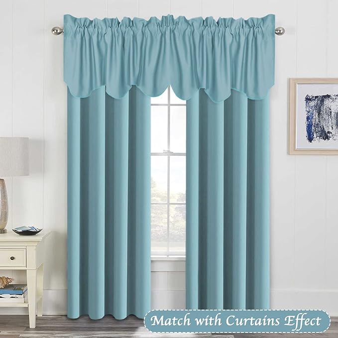 H.VERSAILTEX 2 Panels Blackout Curtain Valances for Kitchen Windows/Living Room/Bathroom Privacy Protection Rod Pocket Decoration Scalloped Window Valance Curtains, 52" W x 18" L, Aqua