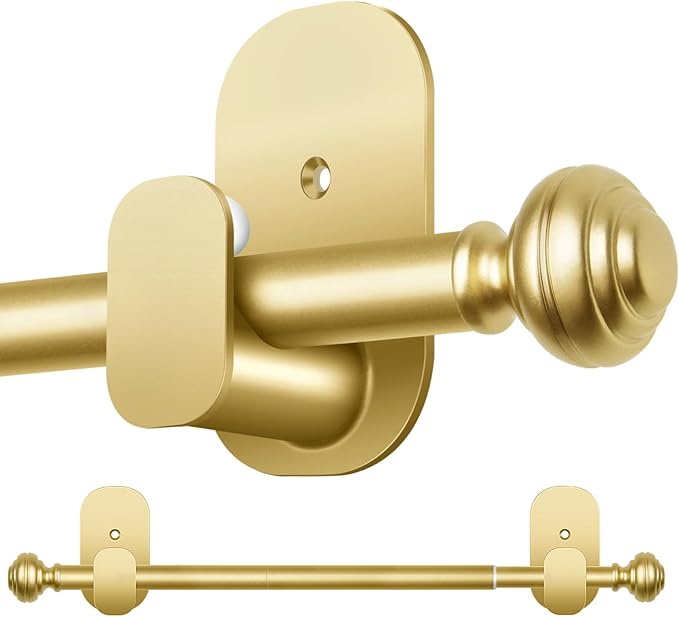 KAMANINA Curtain Rods No Drilling for Windows 32 to 58 Inches, 5/8 Inch Diameter Adjustable Single Drapery Pole with Adhesive Brackets, Gold