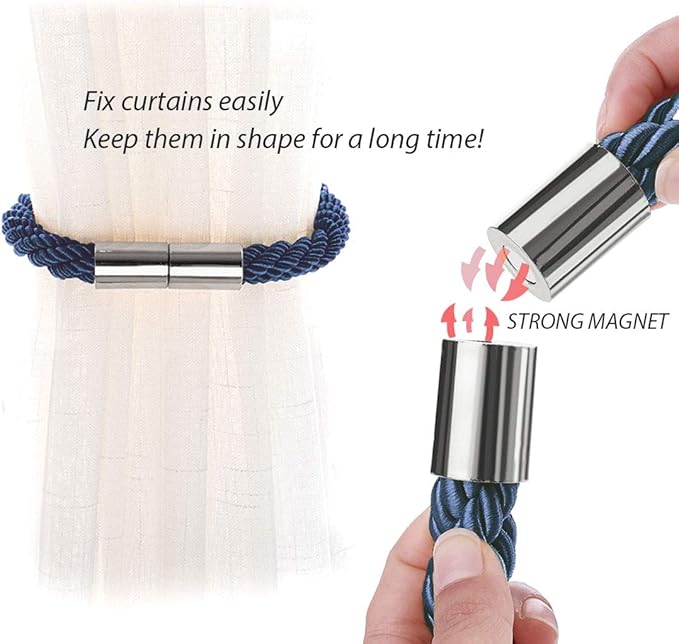 NICEEC 6 Pack Strong Magnetic Curtain Tiebacks Modern Simple Style Drape Tie Backs Convenient Decorative Weave Rope Curtain Holdbacks for Thin or Thick Home & Office Window Draperies (Royal Blue)