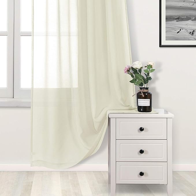 DWCN Ivory Sheer Curtains Semi Transparent Voile Rod Pocket Curtains for Bedroom and Living Room, 52 x 63 inches Long, Set of 2 Panels