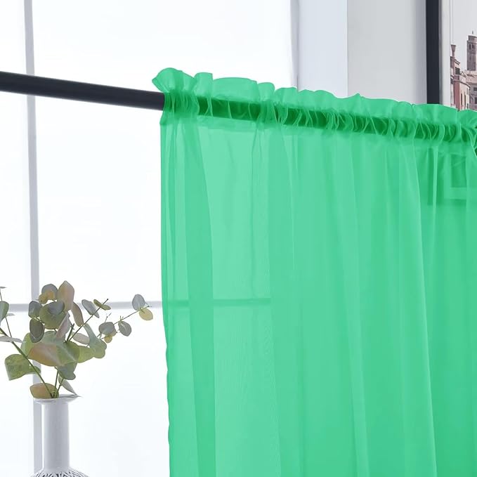 SpaceDresser Basic Rod Pocket Sheer Voile Window Curtain Panels Grass Green 1 Pair 2 Panels 52 Width 96 Inch Long for Kitchen Bedroom Children Living Room Yard（Grass Green, 52W x 96L）