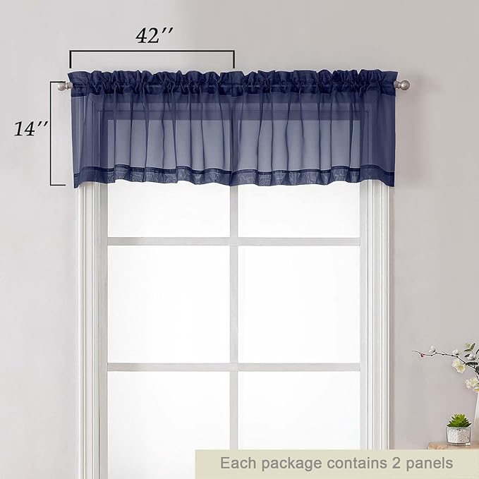 Navy Blue Valances for Windows, Navy Blue Sheer Curtains 14 Inch Length 2 Pack Kitchen Curtain, Modern Solid Mini Small Window Curtains for Cafe Bathroom Basement, Navy Blue, 42"Wx14"L Inch