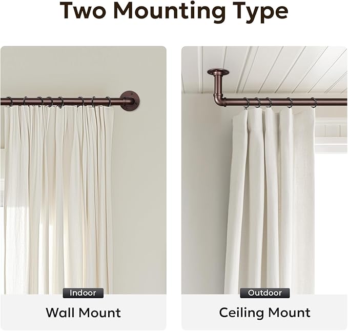 Zeerobee Curtain Rods for Windows 120 to 240, 1 Inch Industrial Wrap Around Matte Dark Brown Curtain Rod, Indoor/Outdoor Room Divider Adjustable Drapery Pole, 120"-240"