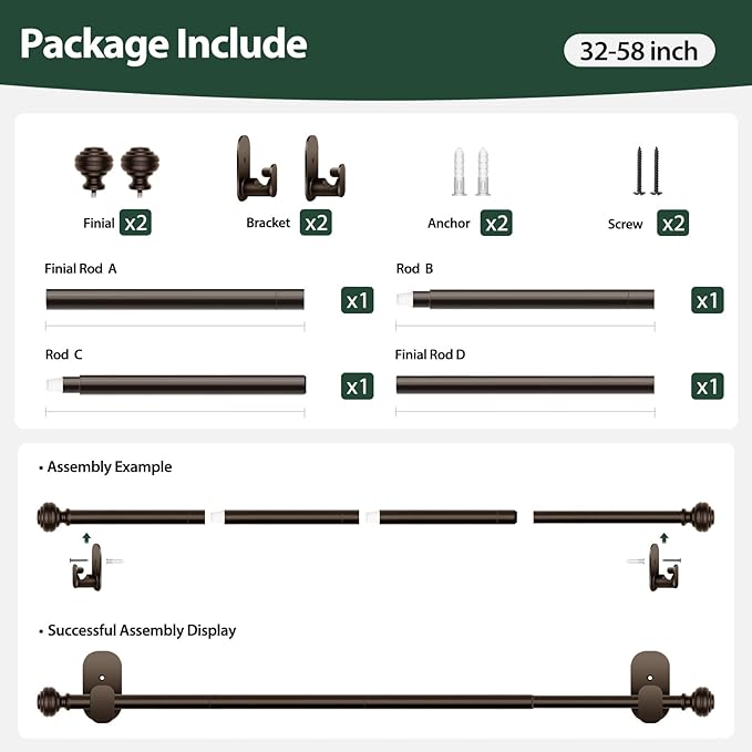 KAMANINA Curtain Rods No Drilling for Windows 32 to 58 Inches, 5/8 Inch Diameter Adjustable Single Drapery Pole with Adhesive Brackets, Bronze
