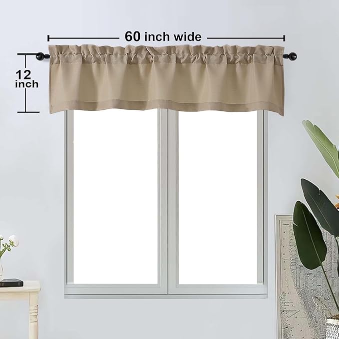 OWENIE Bob 1 PCS Camel Valances for Windows, Faux Linen Textured Kitchen Window Curtains Valance for Bedroom Living Room, Modern Soft Airy Solid Rod Pocket Bathroom Cafe Curtain, 60Wx12L Inch