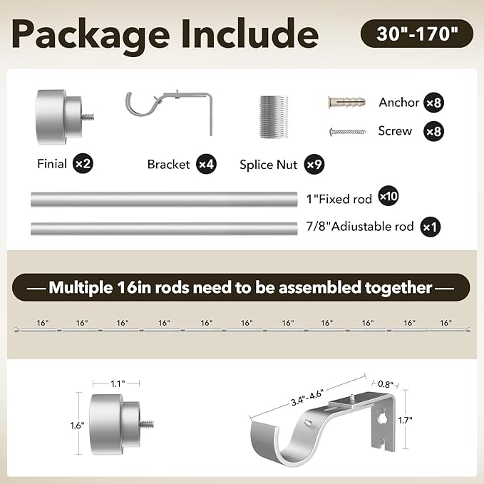 Extra Long Curtain Rods for Windows 32 to 170 Inch, 1 Inch Silver Heavy Duty Curtain Rods for Patio, Farmhouse, Bedroom, Living Room, Adjustable Metal Drapery Rod (A1,Silver,32"-170")