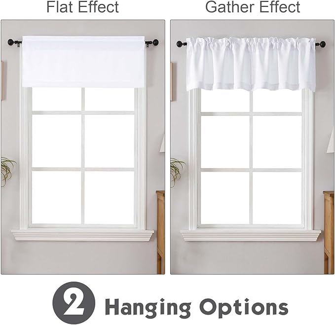 Chyhomenyc White Valances for Window, Light Filtering Short Curtains for Kitchen Bedroom Living Room, Rod Pocket Top Small Window Treatment Valance RV Bunk Panels, 60" Wx18 L, 2 Pieces