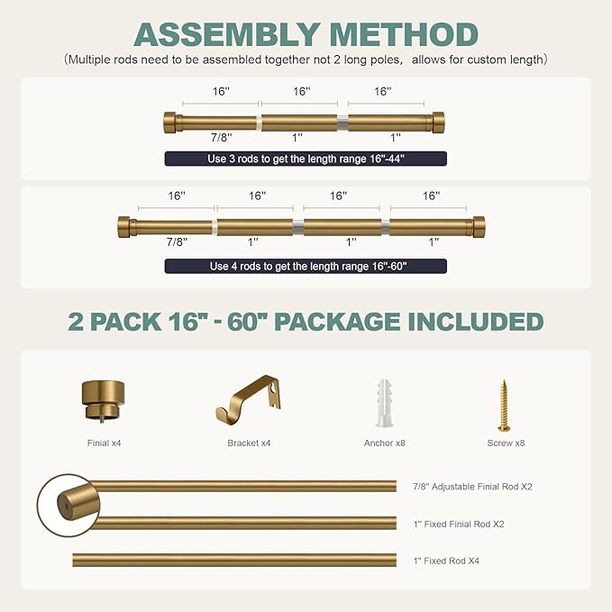 Lootkell 2 Pack Warm Gold Curtain Rods for Windows 28 to 48 Adjustable Length Heavy Duty 1" Diameter Brass Window Curtain Rod with Solid Metal Finials for Outdoor Farmhouse Bedroom Kitchen Living Room