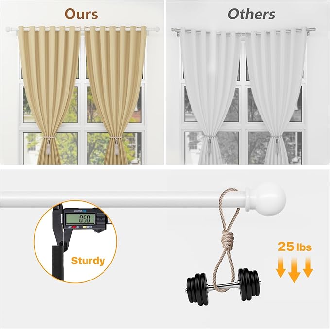 White Curtain Rods for Windows 48 to 88, Heavy Duty 5/8 Diameter Drape Rod Set, Decorative Standard Drapery Rod for Bedroom, Living Room, Adjustable 48 to 84 inch Metal Curtain Pole Easy Install