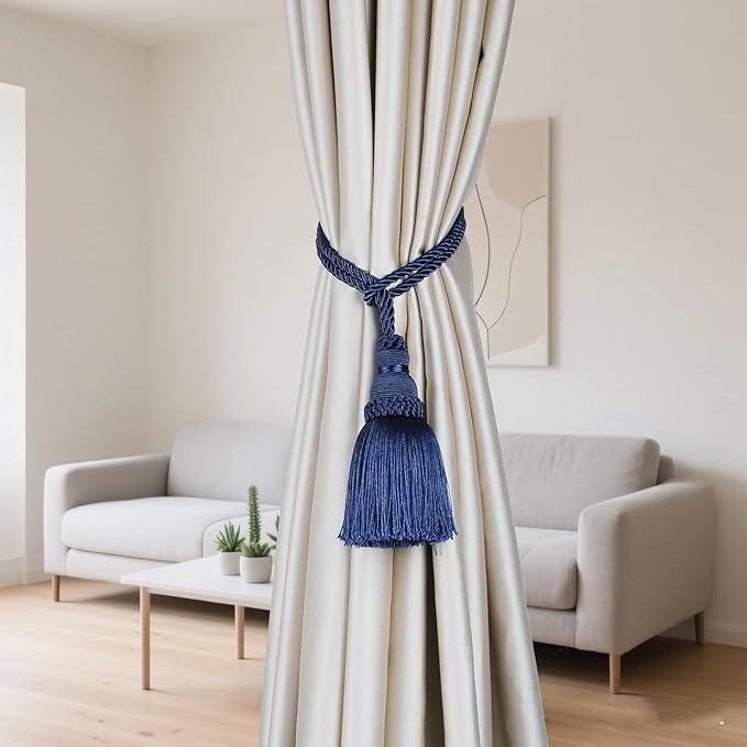 Fenghuangwu 2 Pack Curtain Tie Backs Rope Tassels for Curtains Drape tiebacks Handmade Outdoor Home and Outdoor Decorative (Navy, 2p)