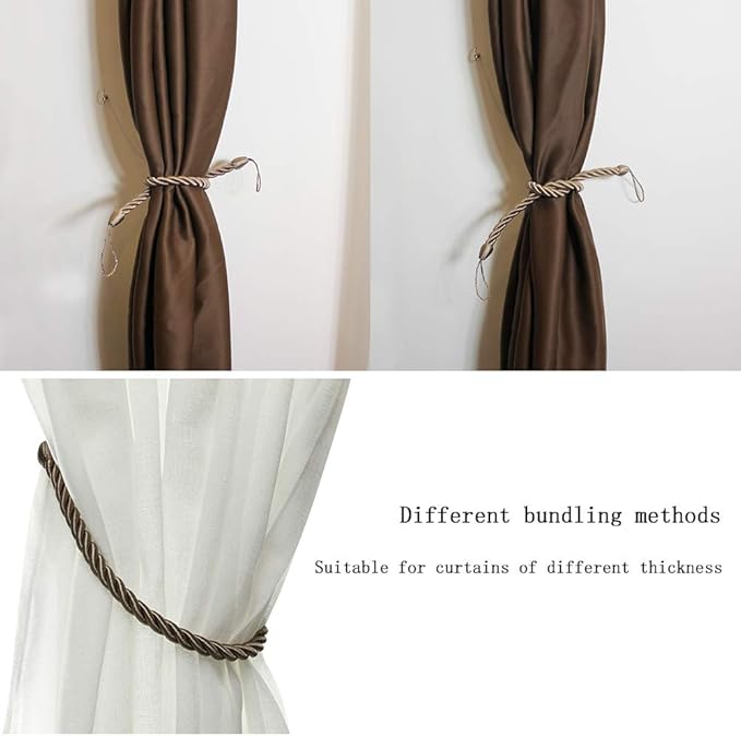 BEL AVENIR Curtain Rope Tiebacks, Drapery Rope Holdbacks with 4 Metal Screw Hooks, 4 Pack - Flaxen