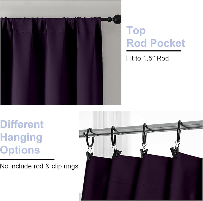 Simplebrand Ava BlackBerry Blackout Curtains for Bedroom 63 Inch Length 2 Panels Set, Nursery Thermal Insulated Energy Saving Rod Pocket Window Treatment Curtains Blackout Drapes, W40 x L63 Inch