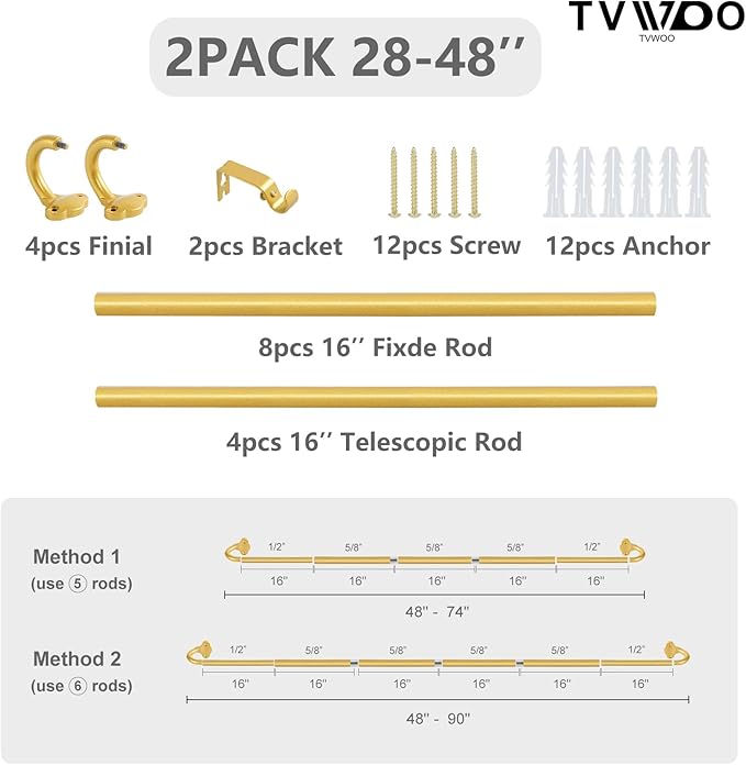 TVWOO Gold Wrap Around Curtain Rods 2 Pack:Small Blackout Adjustable Window Curtain Rod for Bedroom Kitchen Apartment Renter Friendly,Room Darkening Curved Drapery Rods Easy Install,Brass Gold 28-48"