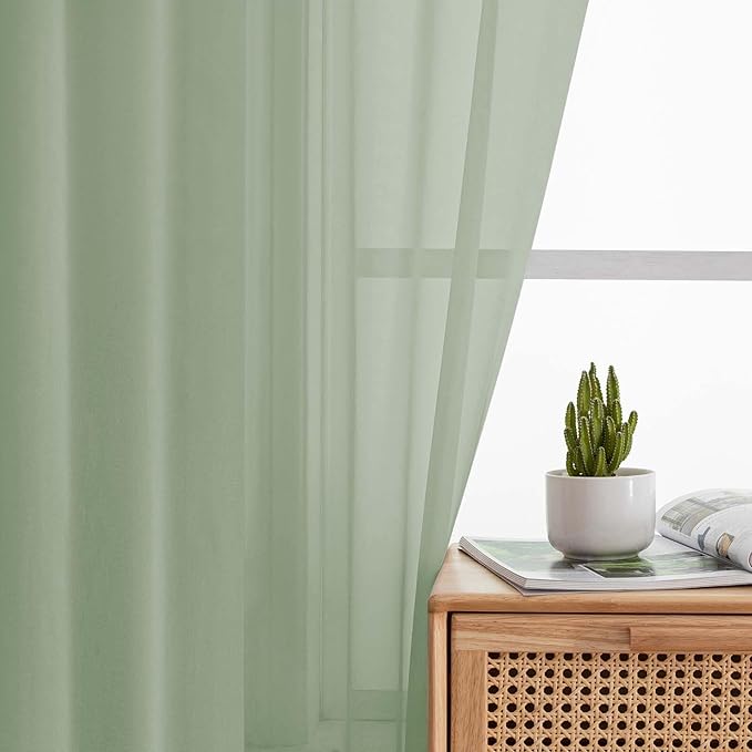 Sage Green Sheer Curtains for Bedroom Living Room 45 Inch Length 2 Panels, Soft Light Filtering Small Kitchen Window Curtains, Rod Pocket Short Curtain Drapes, Sage Green, 42" Wx45 L Inches