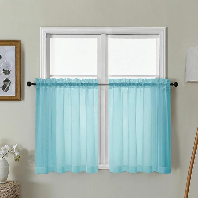 Gwine Short Kitchen Sheer Curtains 30 Inch Length - Light Filtering Voile Small Half Window Curtain for Basement, Rod Pocket Cafe Curtains for Bathroom Cabinet, 42Wx30L Inch, 2 Panels, Aqua