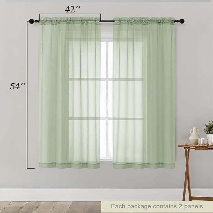 Light Green Sheer Curtains for Bedroom Living Room 54 Inch Length 2 Panels Set, Solid Soft Airy Light Filtering Window Treatments, Modern Rod Pocket Drapes, Light Green, 42" Wx54 L Inches