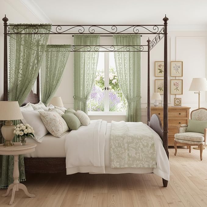 WAZZIO Boho Lace Curtains 2 Panels 63 Inch -Vintage Victorian Sheer Panel Drape French Country Floral Pattern & Tassel Light Filtering Privacy for Bedroom Dining Living Room,Light Sage Green,W52x L63