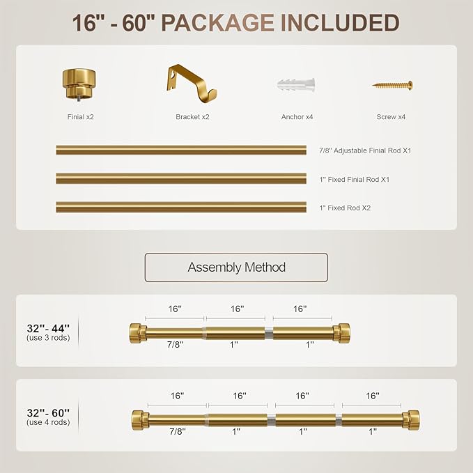 Lootkell Gold Curtain Rods for Windows 28 to 48 Adjustable Modern Curtain Rod 1 inch Diameter Heavy Duty with Solid Metal Finials for Living Room Bedroom Farmhouse Outdoor