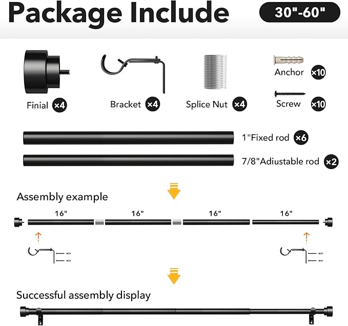 IFELS 2 Pack Heavy Duty Curtain Rods for Windows 28 to 48 Inch, 1 Inch Black Adjustable Curtain Rod Set with Easy Installation and Modern Design (A1,Black,30-60",2Pack)