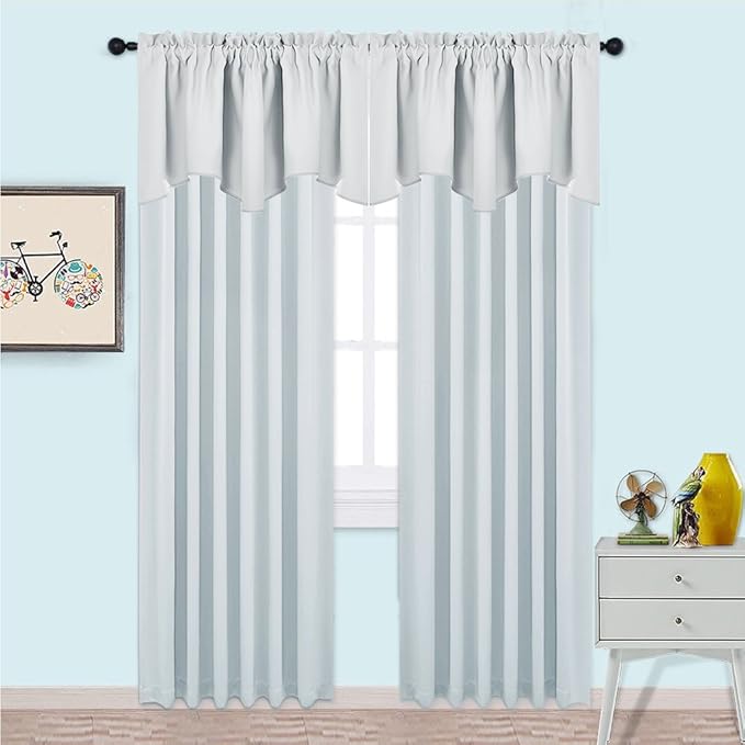NICETOWN Blackout Valances for Windows, Farmhouse Style Rod Pocket Thermal Insulated Window Treatment Tiers Solid Short Curtain for Small Window Bedroom, 42 x 18 Inches 1 Pair, Greyish White
