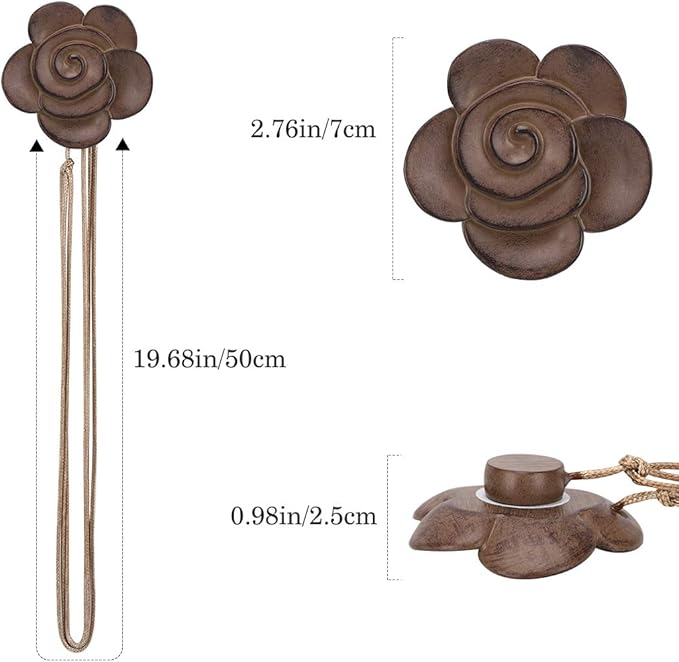Lewondr Magnetic Curtain Tieback, Vintage Curtain Holdback, Resin Flower Curtain Ties with Rope Drapery Retro Window Curtain Decorative Buckle Holder for Outdoor, Home, and Cafe Balcony, Light Coffee