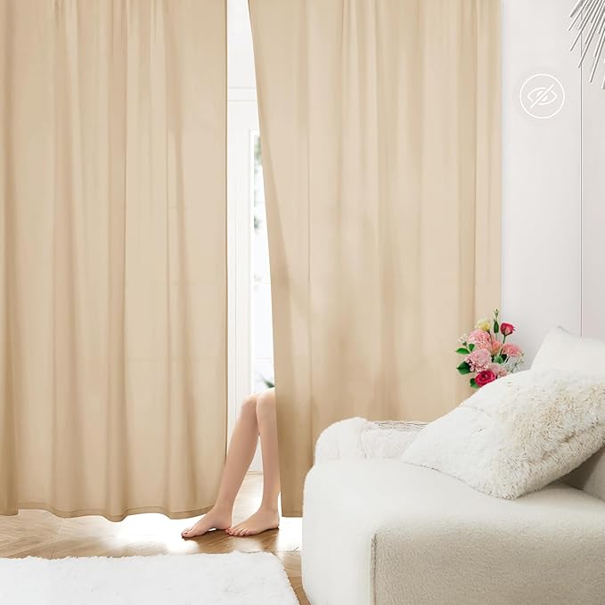 HOMEIDEAS Non-See-Through Beige Privacy Sheer Curtains, 52 X 45 Inches Long 2 Panels Taupe Sheer Curtains Light Filtering Window Drapes for Bedroom Living Room