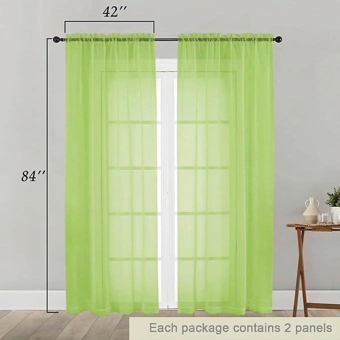 Sheer Curtains 84 Inches Long 2 Panels Set for Bedroom Living Room, Soft Airy Light Filtering Modern Solid Rod Pocket Drapes Window Treatments, Lime, Each 42" W x 84" L