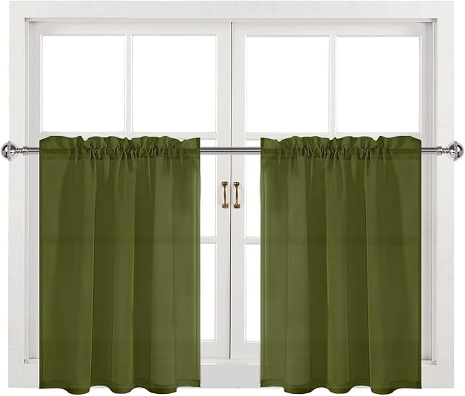 DWCN Olive Green Sheer Curtains for Kitchen Windows - Rod Pocket Semi Transparent Voile Tier Curtains for Bedroom, Living Room, Farmhouse, 36 x 36 inches Long, Set of 2 Panels