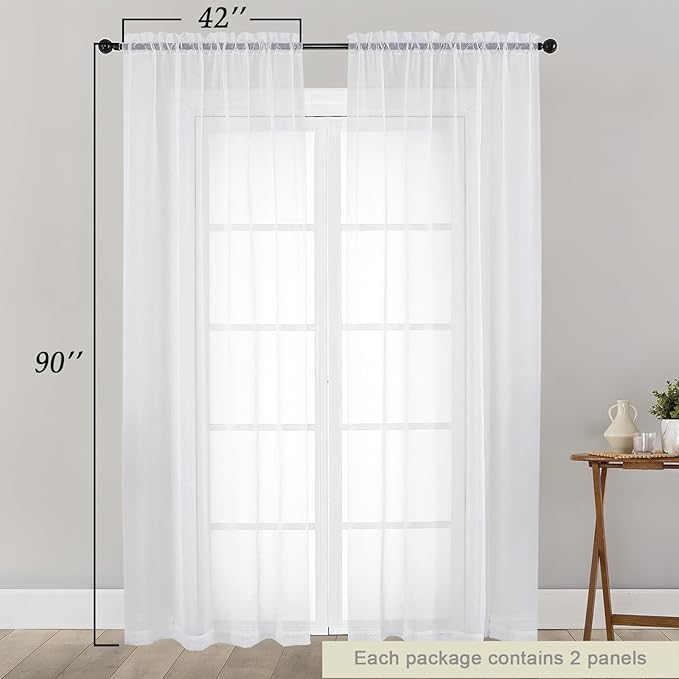 Sheer White Curtains for Bedroom Living Room 90 Inches Long 2 Panels Set, Soft Airy Light Filtering Sheer Window Treatments, Modern Rod Pocket Curtains Drapes, Each 42" Wx90 L Inch