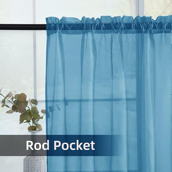 youleyar Solid Sheer Rod Pocket Curtain Voile Draperies 2 Panels White Beige Black Grey Ivory 52 Inch Width 72 Inch Long 1 Pair for Kitchen Bedroom Children Living Room Yard (Blue,52Wｘ72L)