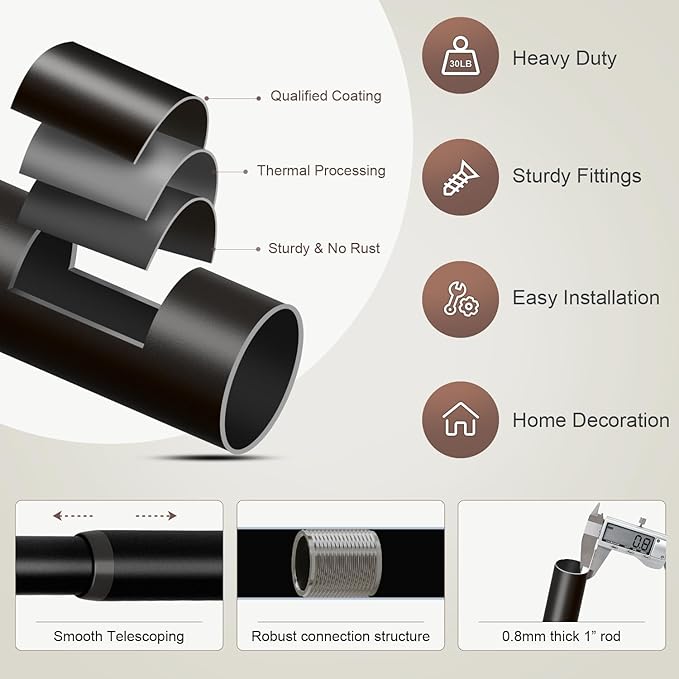Lootkell Modern Black Curtain Rods for Windows 28 to 48 Inches Adjustable Length Heavy Duty 1" Diameter Window Curtain Rod with Decorative Finials for Outdoor Bedroom Kitchen Living Room