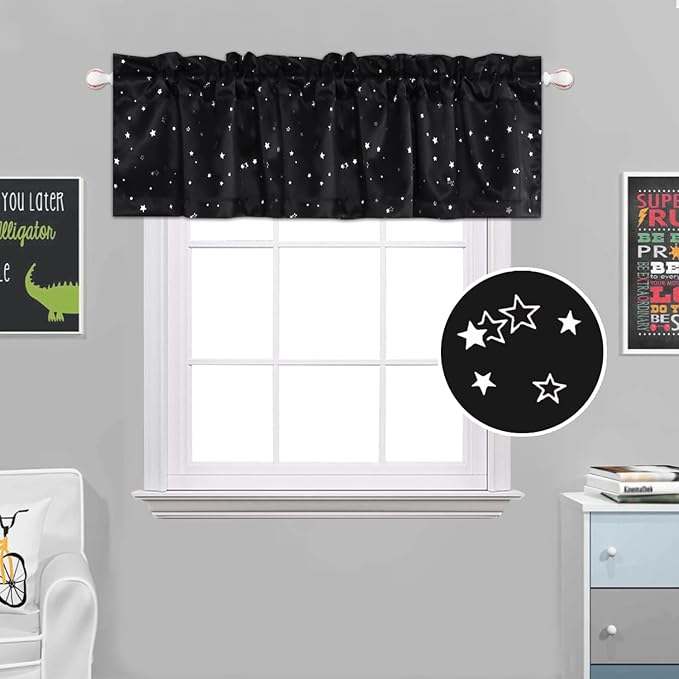 H.VERSAILTEX Blackout Curtain Valances for Kitchen Window/Living Room/Bathroom Privacy Added Rod Pocket Home Decoration Winow Valance, 52" W x 18" L, Glitter Stars in Black Base
