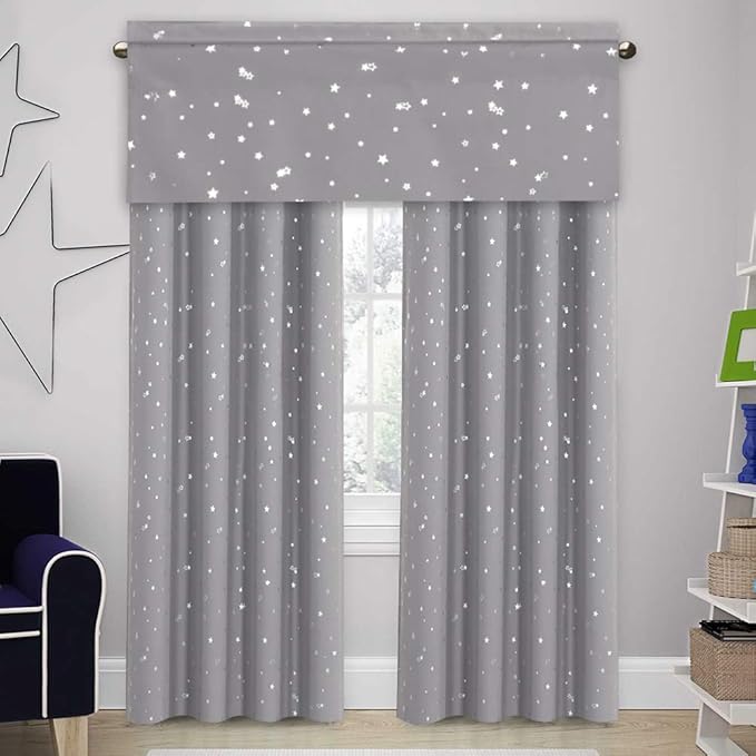 H.VERSAILTEX Blackout Curtain Valances for Kitchen Window/Living Room/Bathroom Privacy Added Rod Pocket Home Decoration Winow Valance, 52" W x 18" L, Glitter Stars in Gray Base (Pack of 4)