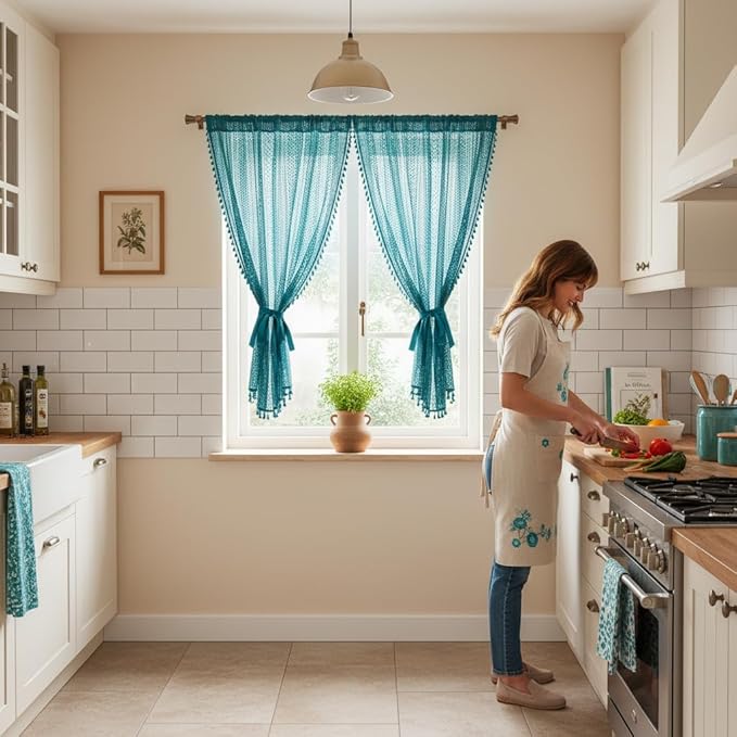WAZZIO Boho Lace Curtains 45 Inches 2 Panel,Light Filtering Privacy Tassel & Geometry Crochet Semi Sheer Curtain Drapes for Bedroom Living Dining Room,Rod Pocket & Tassel,Coastal Style,Teal