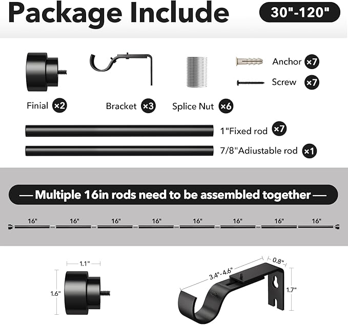 IFELS Heavy Duty Curtain Rods for Windows 66 to 120 Inch,1 Inch Adjustable Black Curtain Rod with Easy Installation and Modern Design,Decorative Long Drapery Rods with Metal Finials (A1,Black,30-120")
