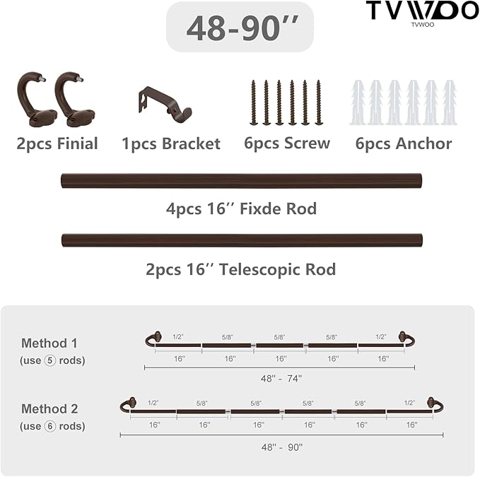 TVWOO Bronze Wrap Around Curtain Rods:5/8 Inch Blackout Adjustable Window Curtain Rod for Bedroom Kitchen Apartment Renter Friendly,Room Darkening Curved Drapery Rods Easy Install,Antique Brown 48-90"