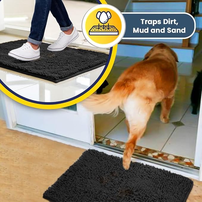 Muddy Mat® | Super Absorbent Door Mat Indoor, Microfiber Quick Dry Chenille Entryway Rug, Non-Slip Front Door Mat, Indoor Mats for Entryway, Machine Washable Pet Rug, Charcoal 16"x24"