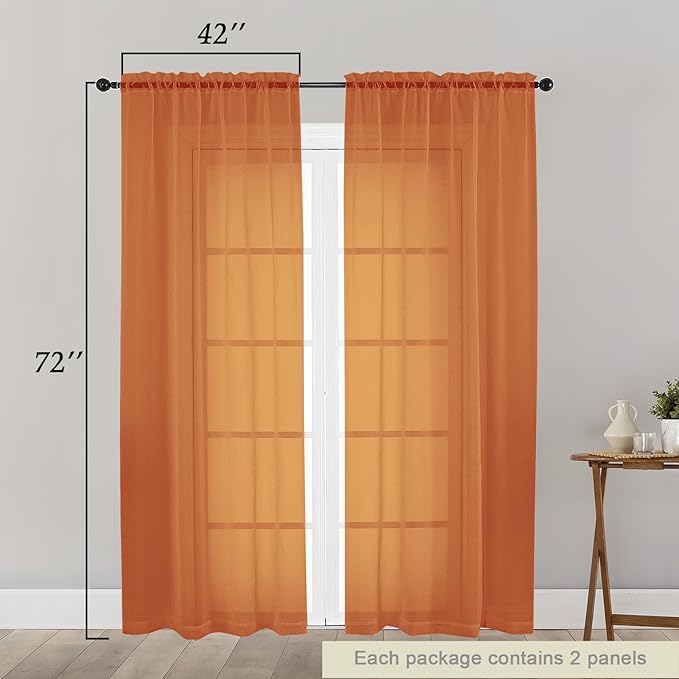 Orange Sheer Curtain for Bedroom Living Room 72 Inches Long 2 Panels Set, Solid Soft Airy Light Filtering Sheer Window Curtains, Modern Rod Pocket Door Curtain, Orange, 42" Wx72 L Inches