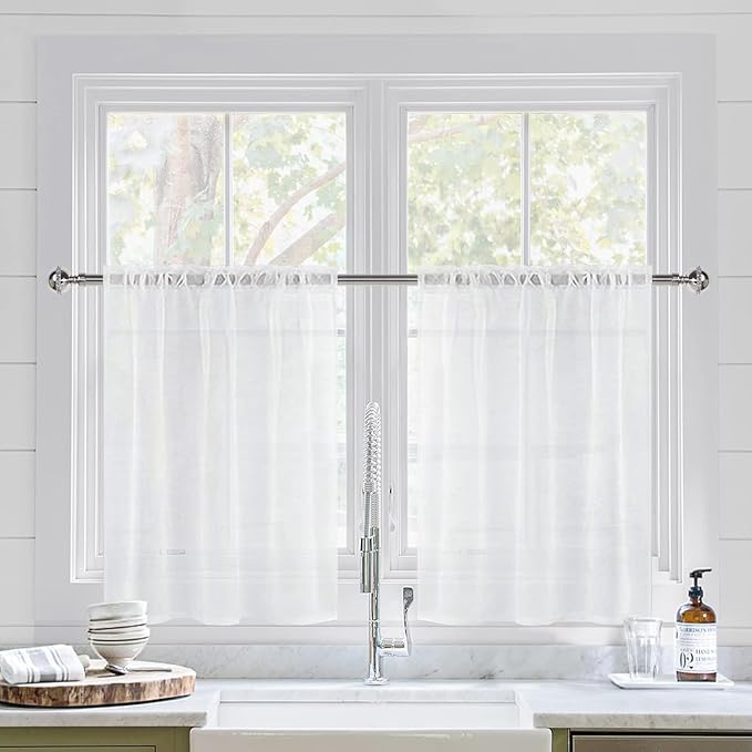 DWCN White Sheer Curtains for Kitchen Windows - Rod Pocket Semi Transparent Voile Tier Curtains for Bedroom, Living Room, Farmhouse, 52 x 36 inches Long, Set of 2 Panels