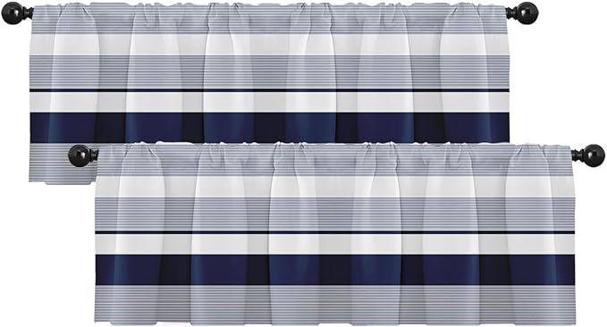 Emvency 2 Pack Valances Window Treatments, Striped Navy Nautical Minimalist Coastal Geometric Drapes Adjustable Curtain for Windows Living Room Kitchen Over Sink, 52x18 Inch Rod Pocket Valances