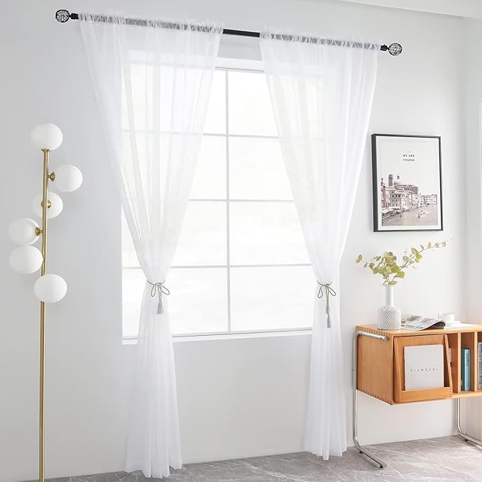 youleyar Solid Sheer Rod Pocket Curtain Voile Draperies 4 Panels White Beige Black Grey Coffee 52 Inch Width 90 Inch Long 1 Pair for Kitchen Bedroom Children Living Room Yard(White,52Wｘ90L)
