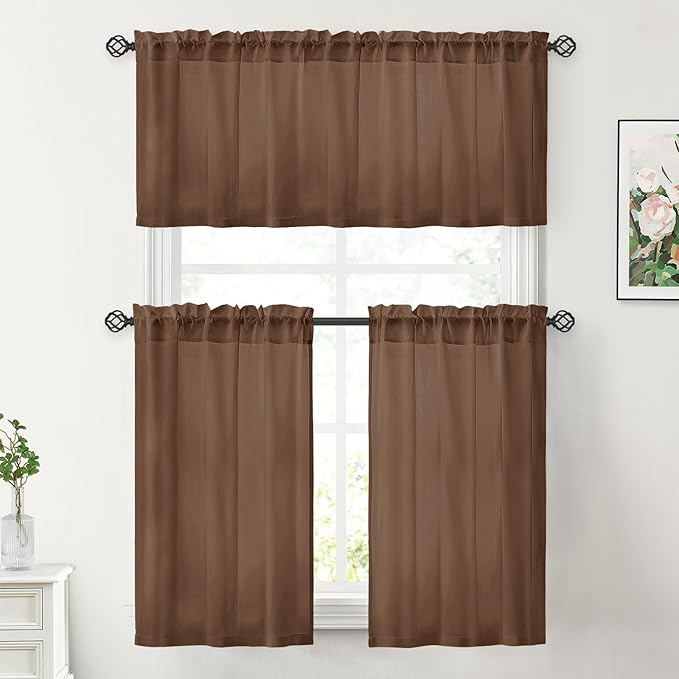 HOMEIDEAS Non-See-Through Brown Privacy Sheer Kitchen Curtains, 30 X 24 Inches Long 2 Panels Short Sheer Curtains Light Filtering Bathroom Window Drapes for Bedroom Living Room