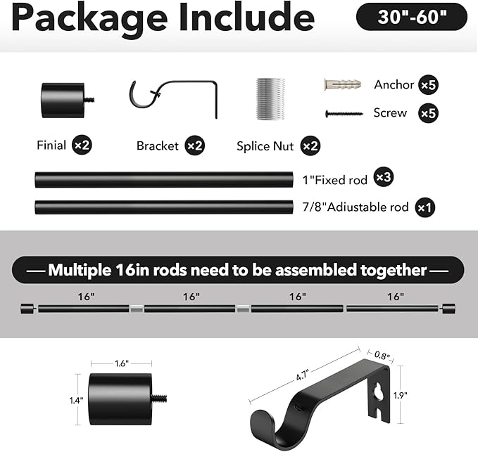 IFELS Heavy Duty Curtain Rods for Windows 28 to 48 Inch, 1 Inch Black Curtain Rods for Outdoor, Farmhouse, Bedroom, Kitchen, Living Room, Adjustable Easy Install Drapery Rod (A2,Black,30"-60")