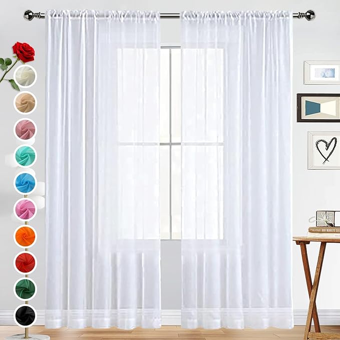 SpaceDresser Basic Rod Pocket Sheer Voile Window Curtain Panels White 1 Pair 2 Panels 70 Width 84 Inch Long for Kitchen Bedroom Children Living Room Yard(White,70 W x 84 L)