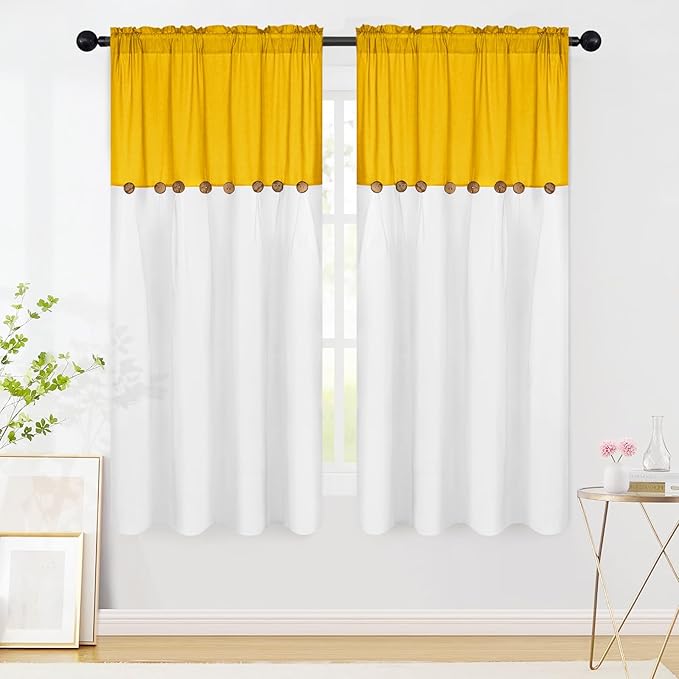 FRAMICS Farmhouse Cotton Linen Curtains for Living Room, Boho Button Curtains 63 inch Length, Rustic Country Linen Window Curtains for Bedroom, Rod Pocket Drapes, 52 x 63 Inch, Yellow and White