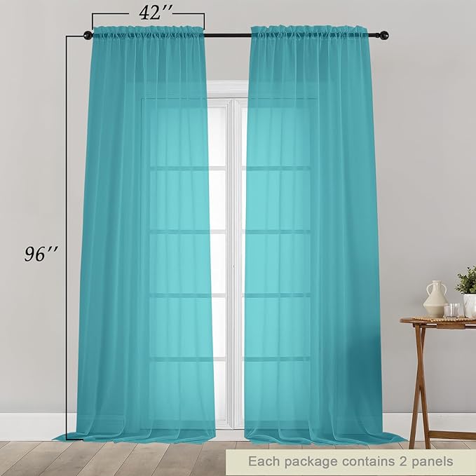Turquoise Sheer Curtains for Bedroom Living Room 96 Inches Long 2 Panels, Modern Airy Soft Lightweight Rod Pocket Light Filtering Sheer Curtains Drapes, Turquoise, Each 42" Wx96 L Inch